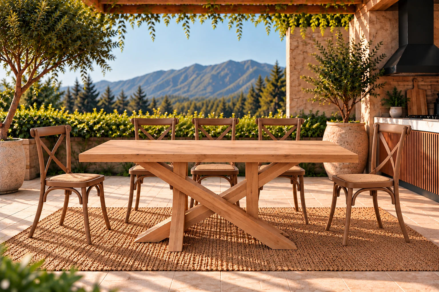 Comedor de terraza Da Vinci en lenga natural con 8 sillas Cruzeta café – imagen referencial